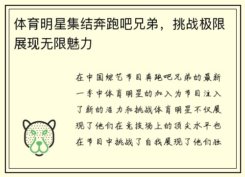 体育明星集结奔跑吧兄弟，挑战极限展现无限魅力